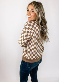 Mocha Checker Board Crew Neck