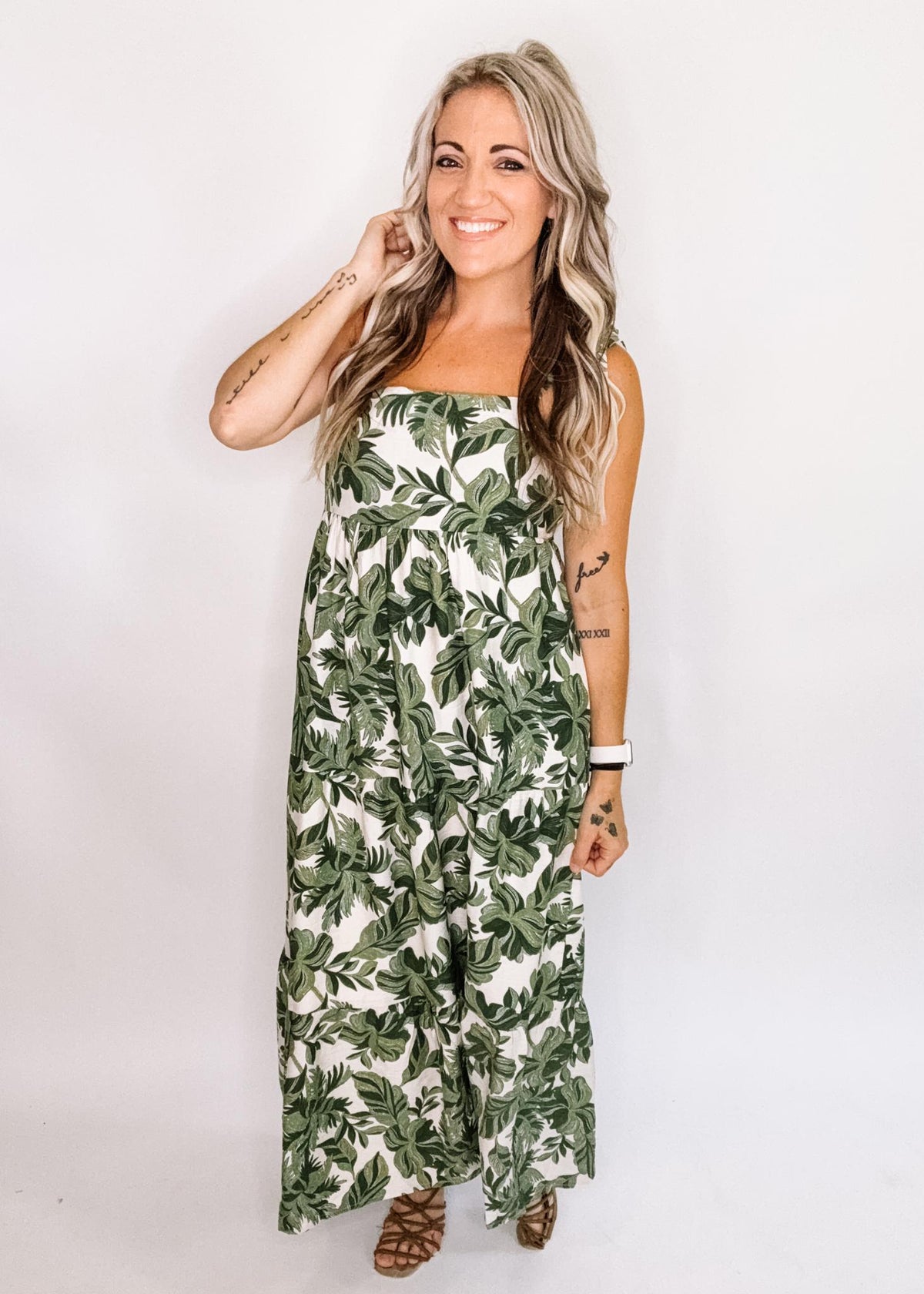 Green Leaf Print Linen Midi Dress