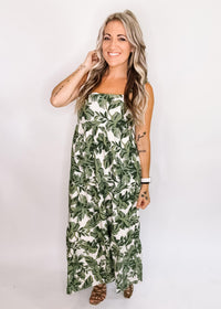 Green Leaf Print Linen Midi Dress
