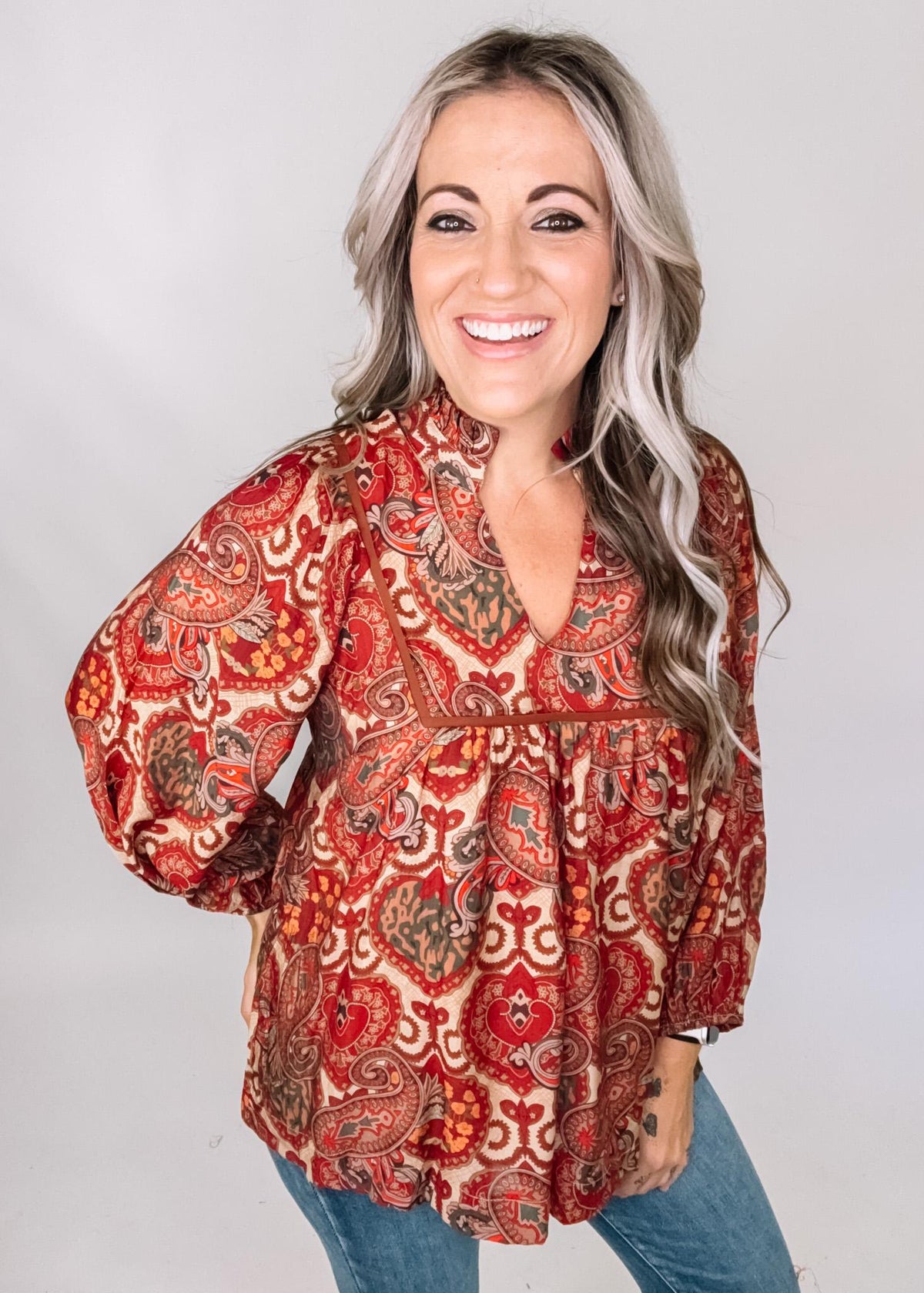 Red and Gold Mix Print Top
