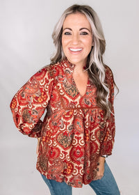 Red and Gold Mix Print Top