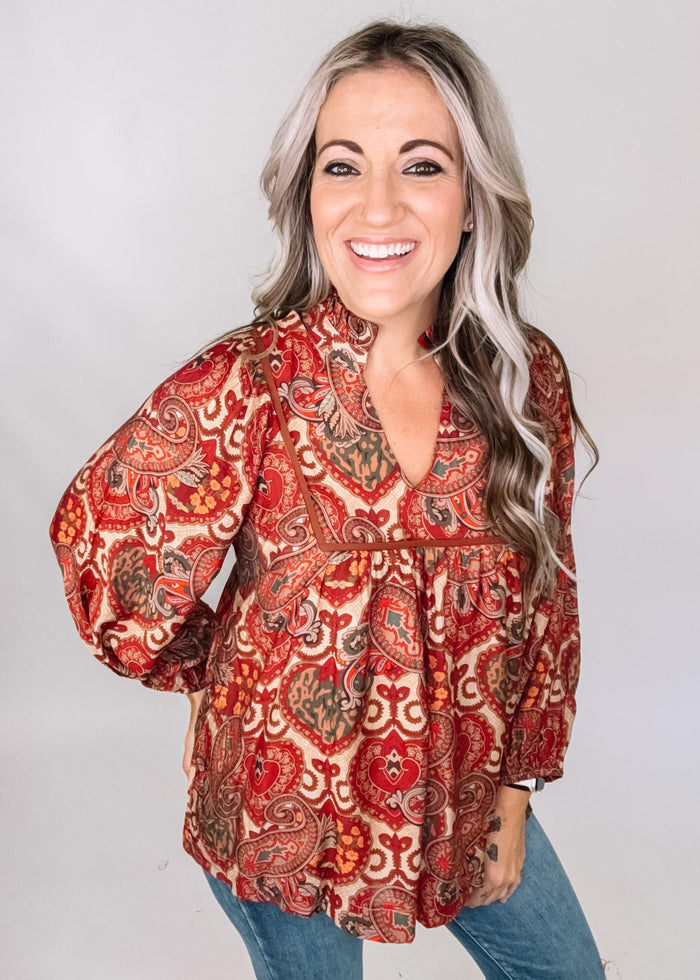 Red and Gold Mix Print Top