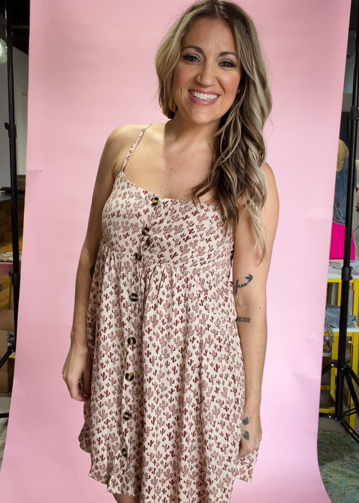 Cactus Printed Dress with Buttons