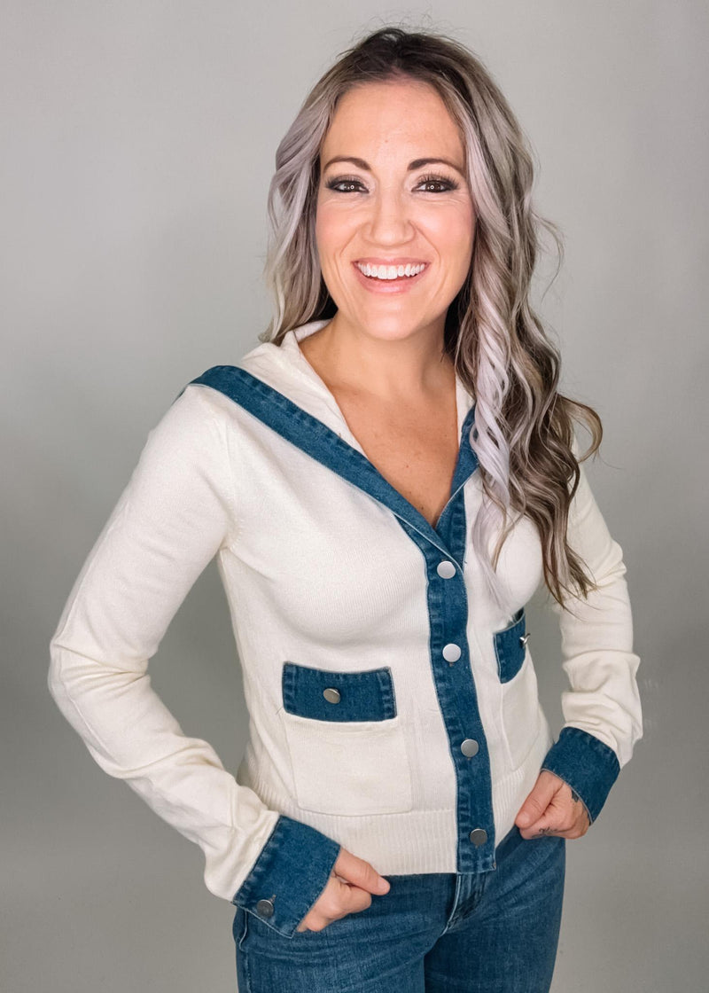Denim Contrasting Ivory Cardigan Sweater Top