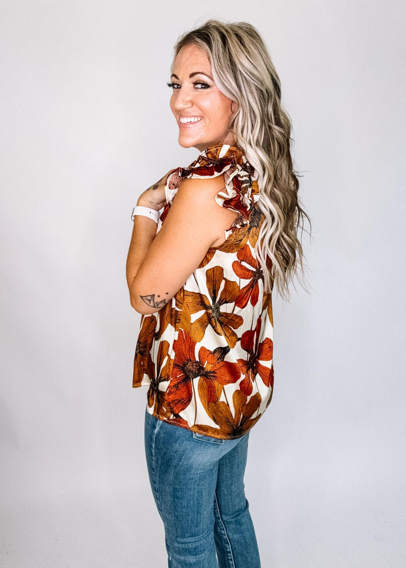 Floral Satin Ruffle Blouse