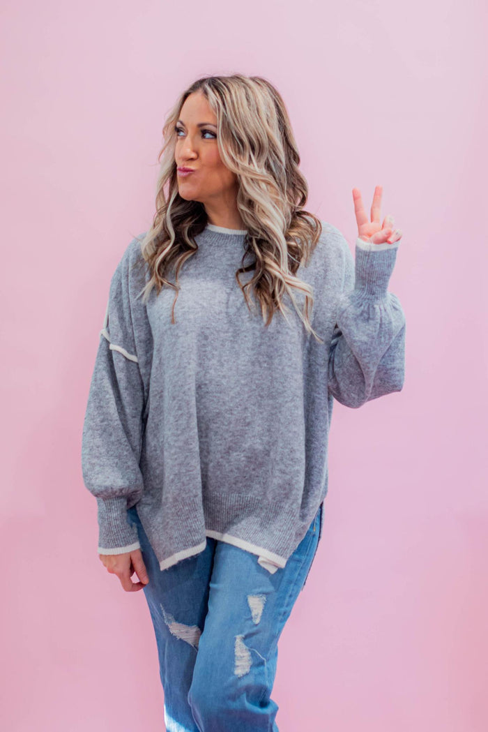 Heather Grey Contrast Stitch Chunky Sweater