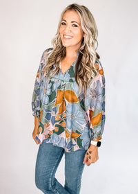 Blue Green Caramel Floral Blouse