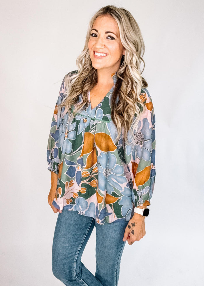 Blue Green Caramel Floral Blouse