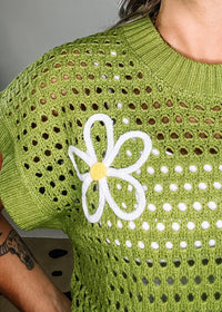 Green Knit Sweater with White Floral Embroidery