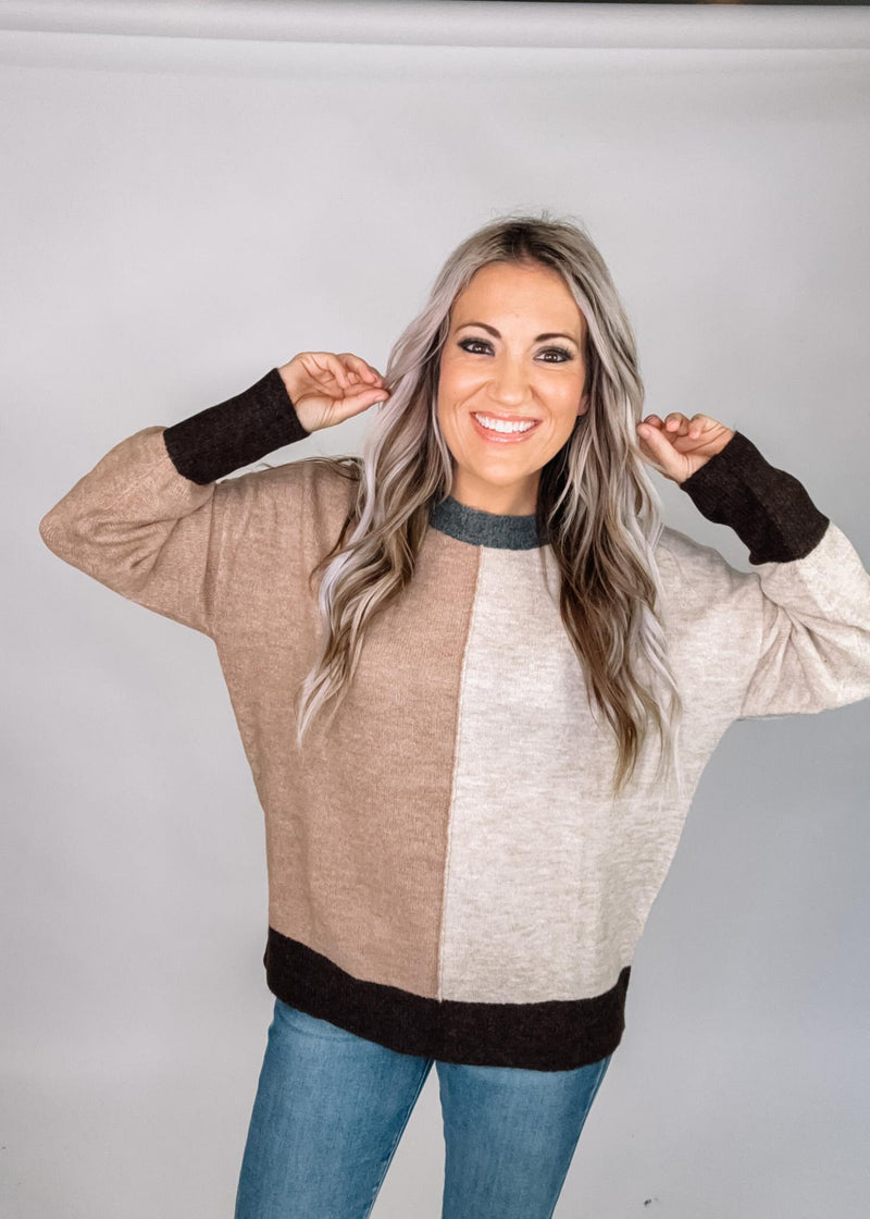 Taupe Color Block Front Seam Sweater