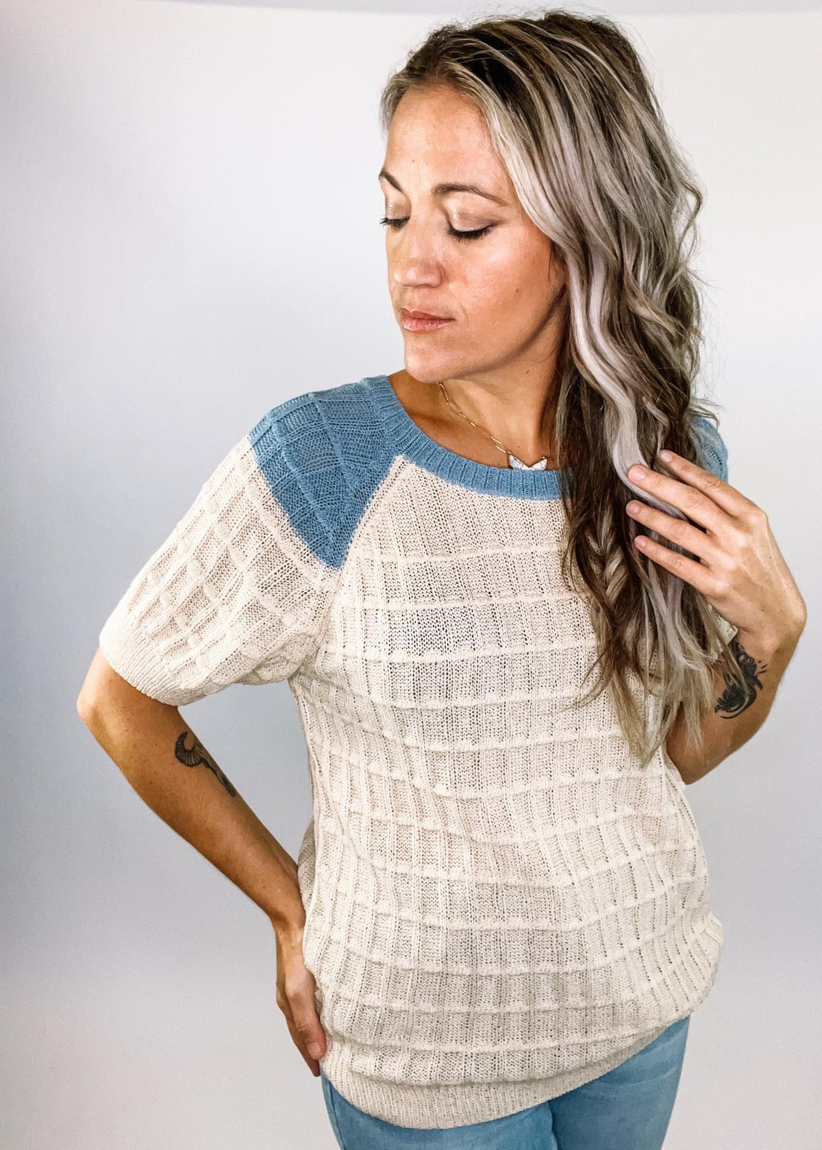 Oatmeal Grid Texture Top with Ragland Sleeve Detail