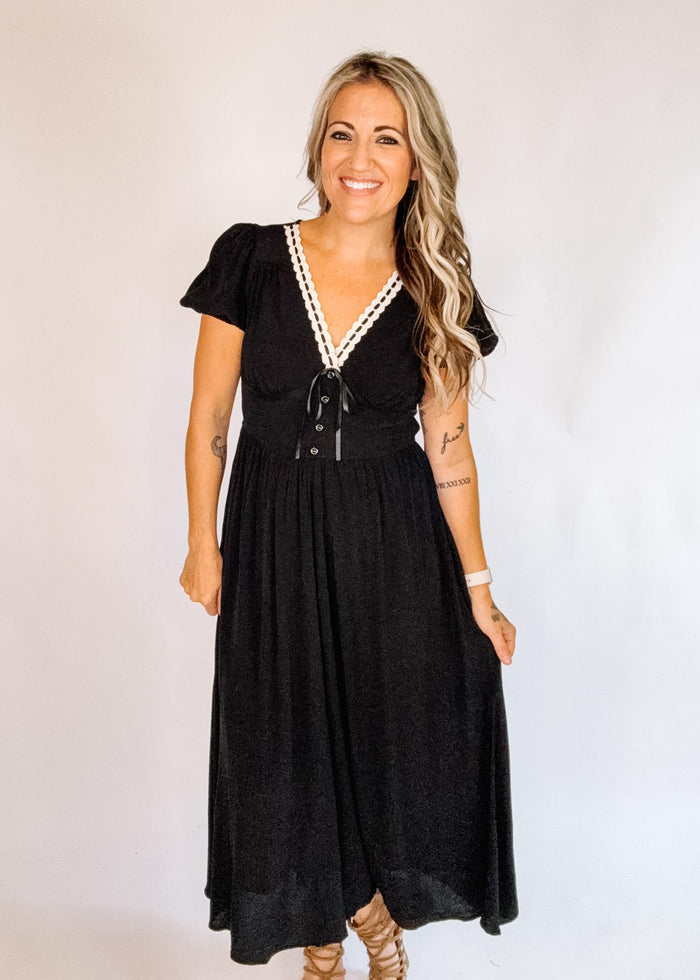 Contrast Lace Ribbon Trim Corset Midi Dress