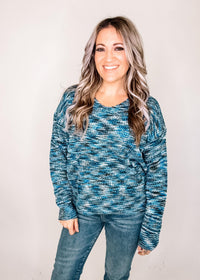 Blue Heathered Twist Back Sweater