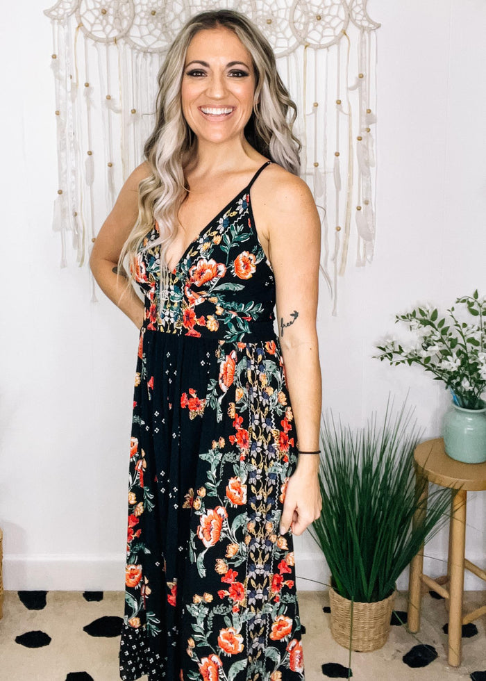Black and Red Floral Wide Leg Jumpsuit