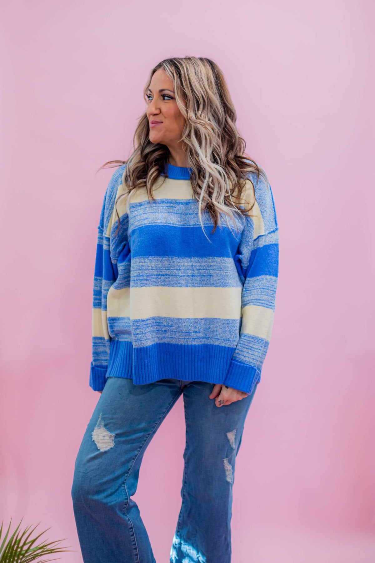 Chunky Knit Blue and Ivory Stripe Sweater