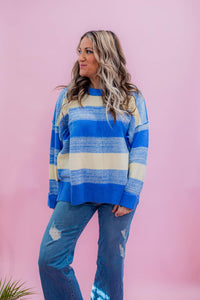 Chunky Knit Blue and Ivory Stripe Sweater