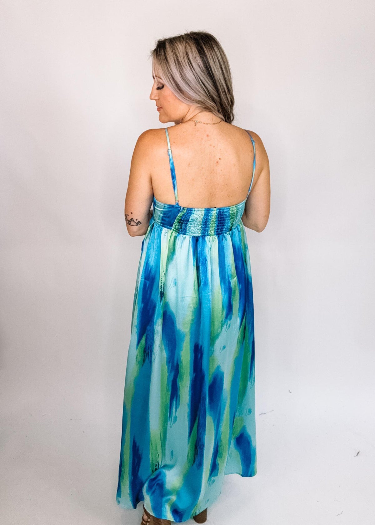 Blue and Green Satin Maxi Set with Shorts