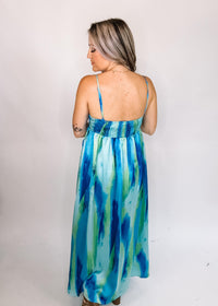 Blue and Green Satin Maxi Set with Shorts