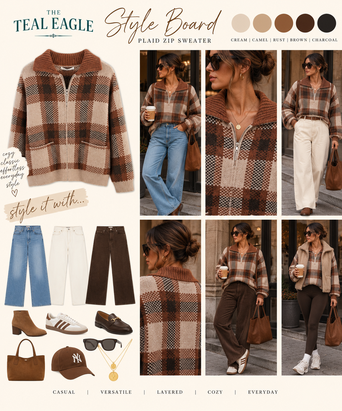 Rust Plaid Collar Zip Up Sweater