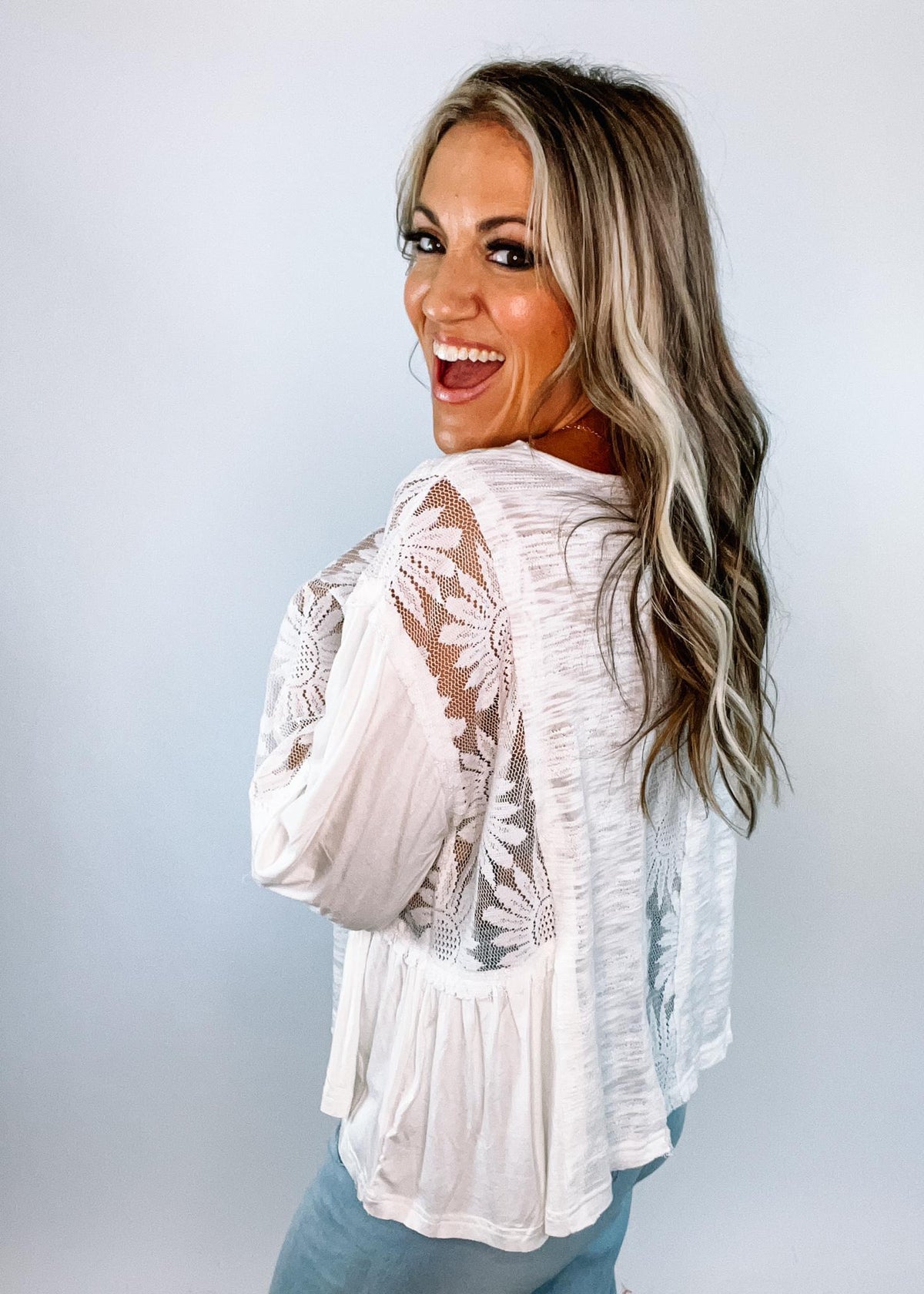 Relaxed Fit Flare Sleeve Top with Lace Detail