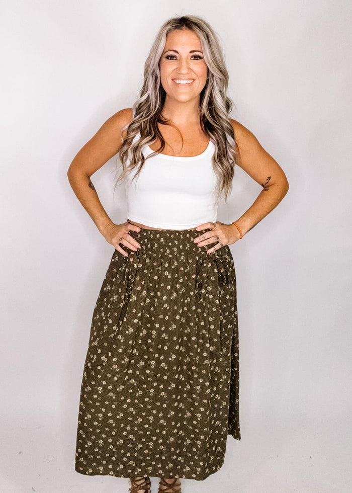 Brown Floral Midi Skirt with Bow Detail