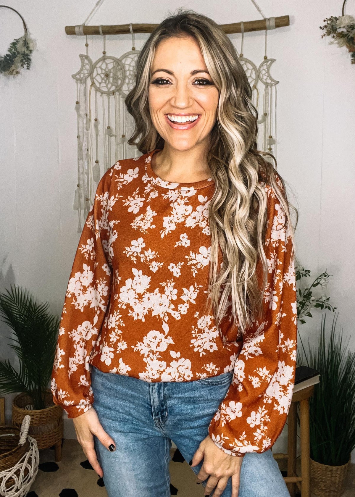 Rust Floral Scoop Neck Top with Peasant Sleeve