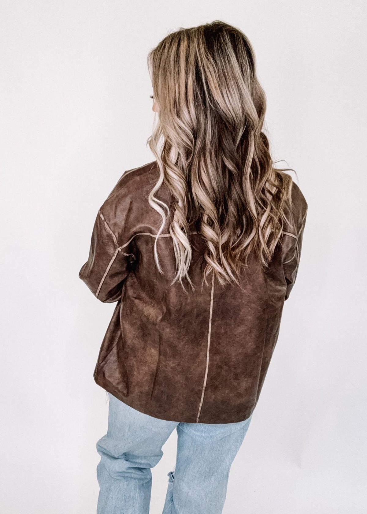 Washed Faux Leather Collared Zip Jacket
