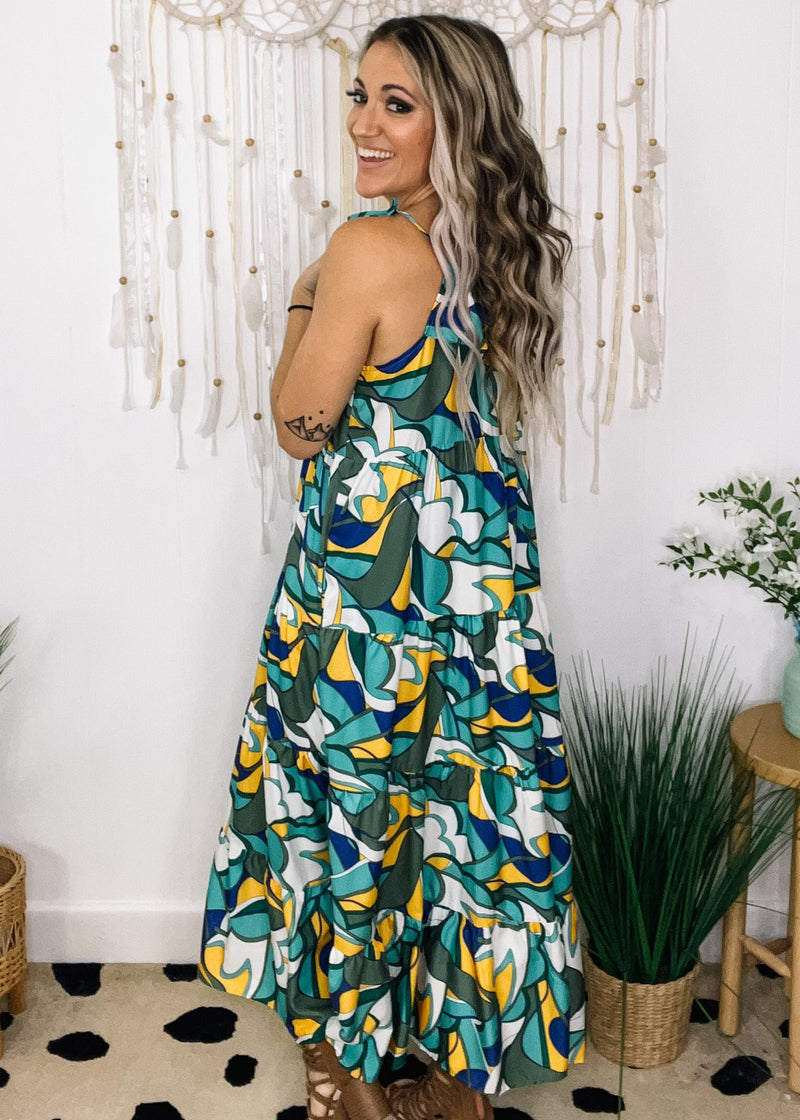 Green Multi Abstract Tiered Maxi