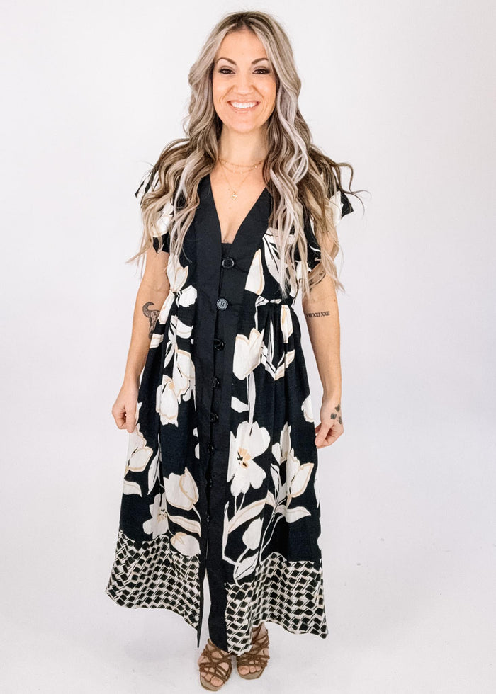 Black Trim Floral Button Dow Maxi