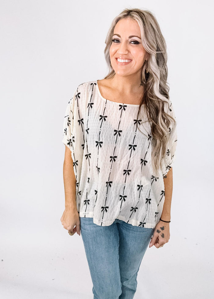 Cream and Black Bow Short Sleeve Top