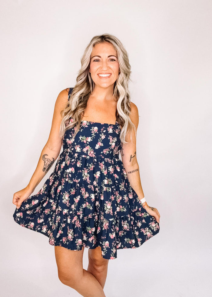 Navy Floral Sleeveless Tiered Mini Dress
