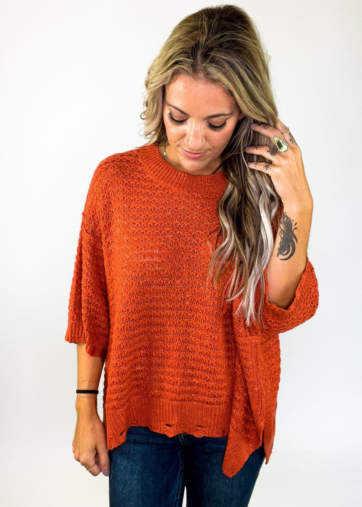 Distressed Hem Loose Knit Short Sleeve Sweater