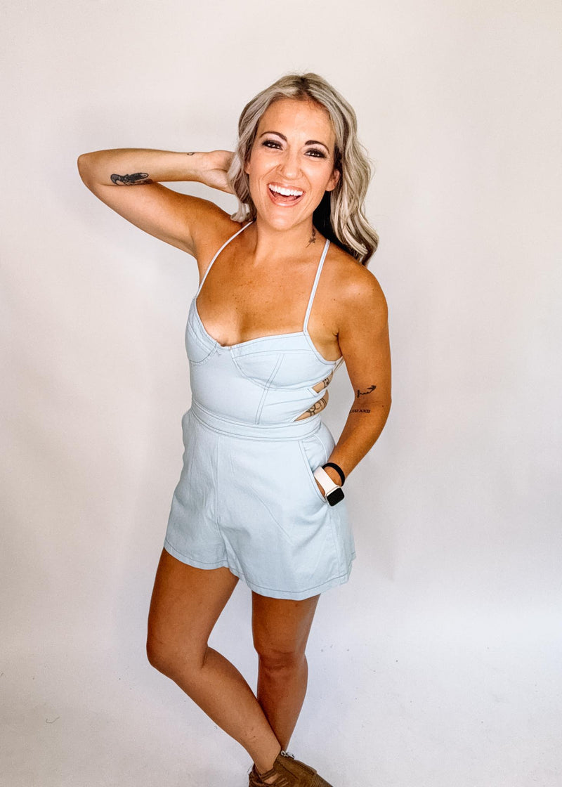 Denim Lace Back Romper
