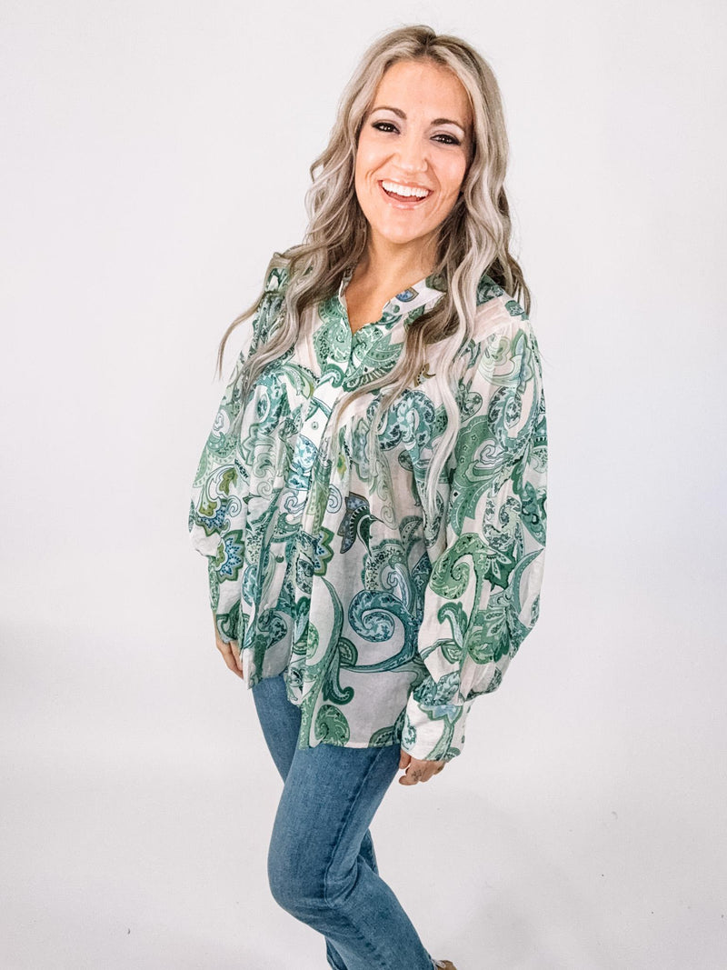 Spearmint Paisley Bubble Sleeve Top