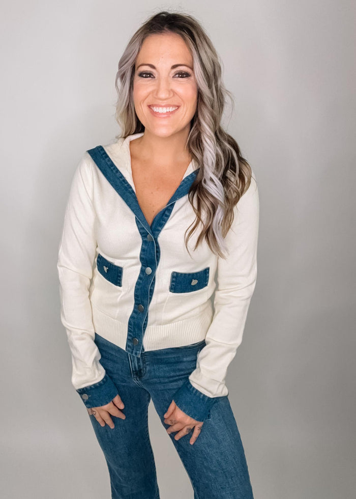 Denim Contrasting Ivory Cardigan Sweater Top