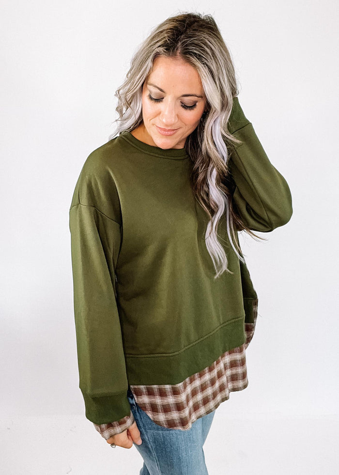 Olive Pullover with Plaid Back Detail