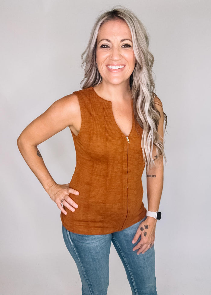 Textured Ribbed Sleeveless Top with Zipper