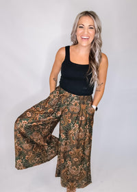Green Damask Wide Leg Pants