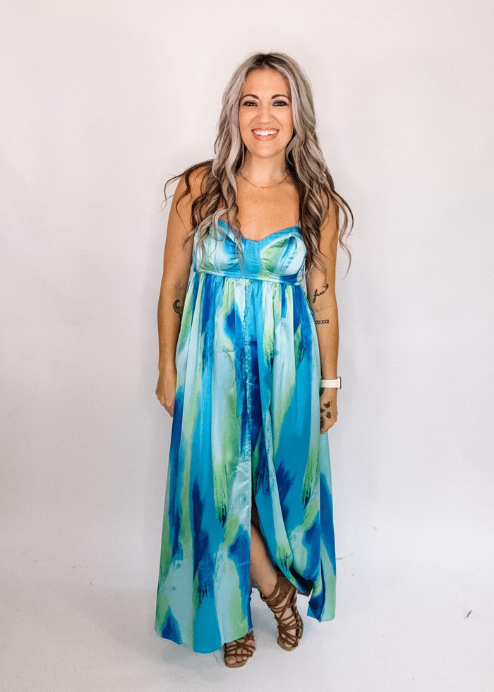 Blue and Green Satin Maxi Set with Shorts