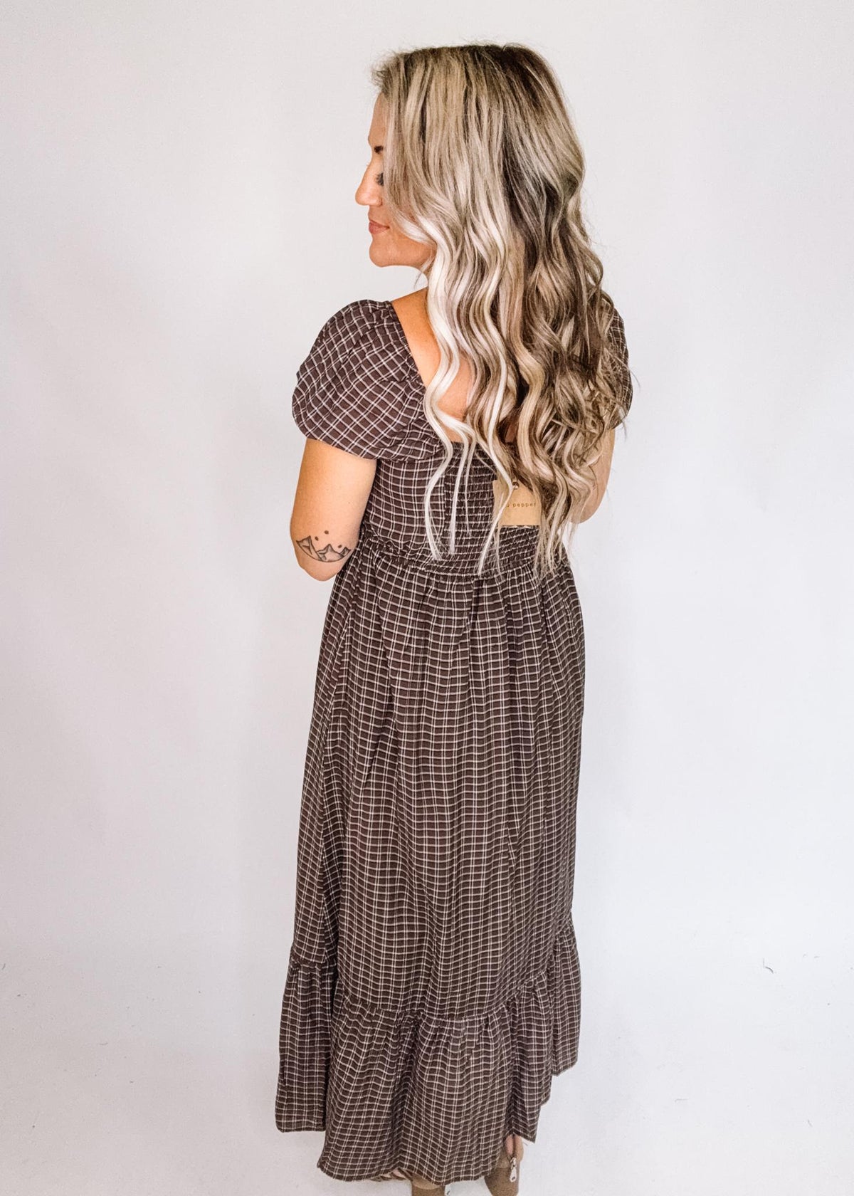 Plaid Puff Sleeve Button Down Maxi Dress