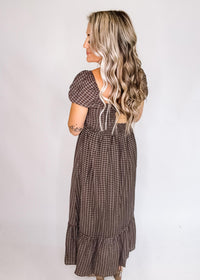Plaid Puff Sleeve Button Down Maxi Dress