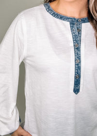 White Ribbed Denim Trim Long Sleeve