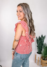 Red Gingham Babydoll with Embroidered Floral