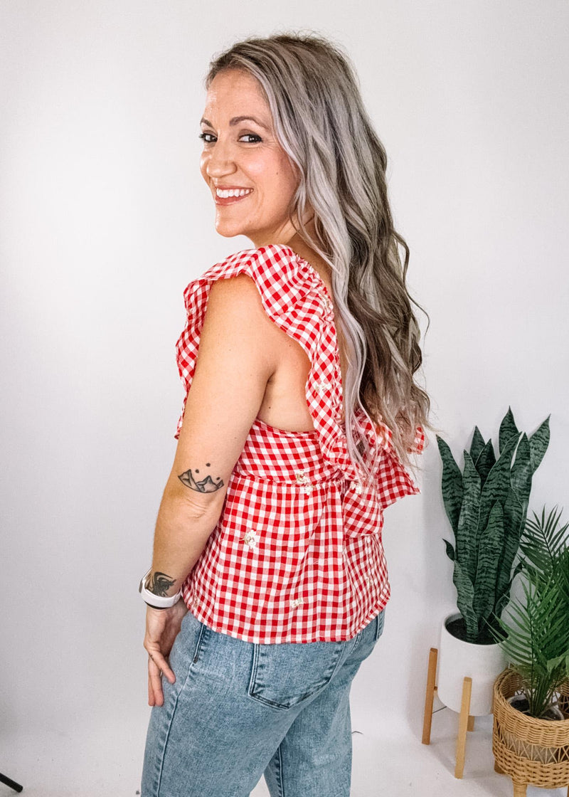 Red Gingham Babydoll with Embroidered Floral