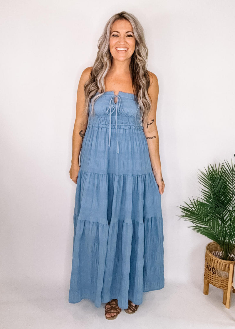 Denim Blue Textured Tiered Maxi Dress