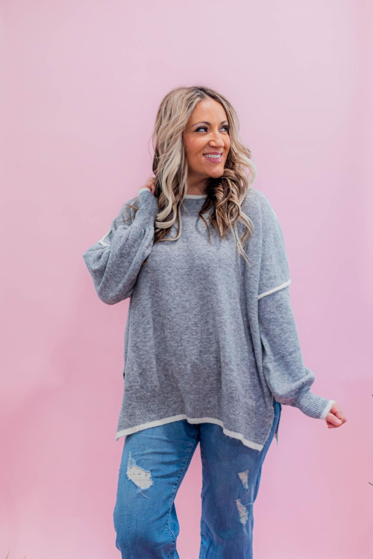 Heather Grey Contrast Stitch Chunky Sweater