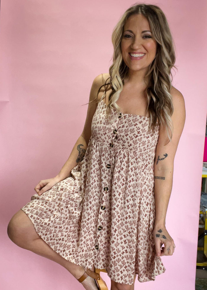 Cactus Printed Dress with Buttons