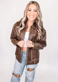 Washed Faux Leather Collared Zip Jacket