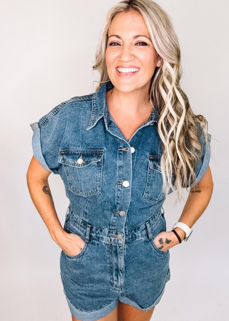 Denim Mineral Washed Button Down Romper