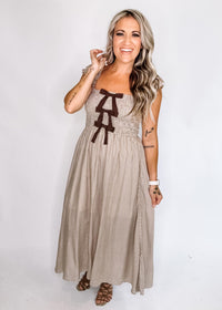 Gingham Smocked Front Bow Detail Midi Dress